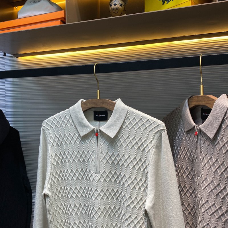 Kiton 남성 울 텐셀 혼방 니트 폴로 셔츠 001-173842