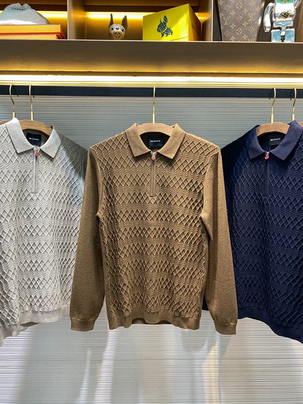 Kiton 남성 울 텐셀 혼방 니트 폴로 셔츠 001-173842