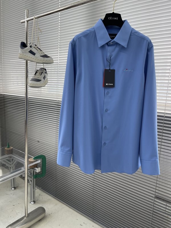 Kiton 남성 면 소재 자수 칼라 긴팔 셔츠 001-173875