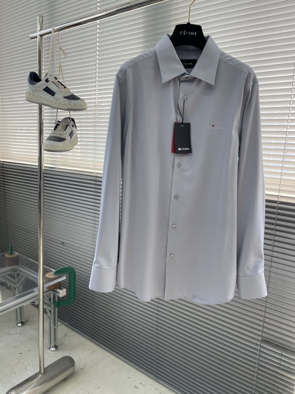 Kiton 남성 면 소재 자수 칼라 긴팔 셔츠 001-173876
