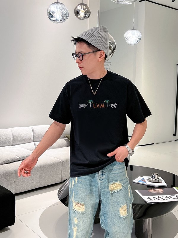 루이비통 레터링 동물 자수 반팔 티셔츠 001-174328