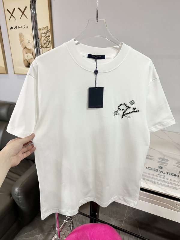 루이비통 진주 로고 자수 면 반팔 티셔츠 001-174454
