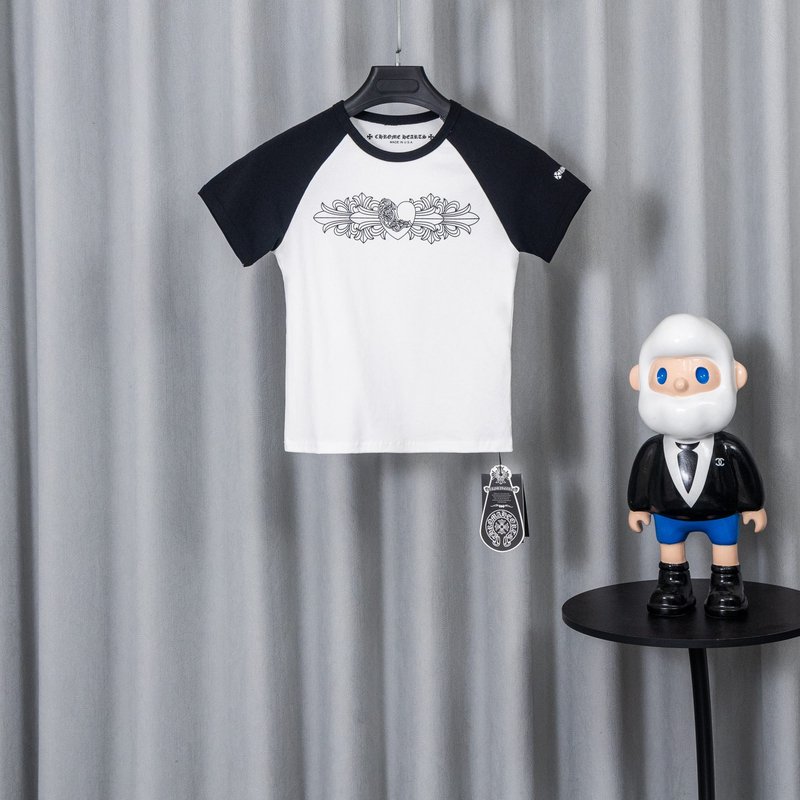 크롬하츠 여성용 블랙 화이트 래글런 티셔츠 001-176150