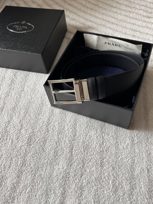 프라다 남성용 양면 블랙 가죽 벨트 3.4cm 폭 001-176774