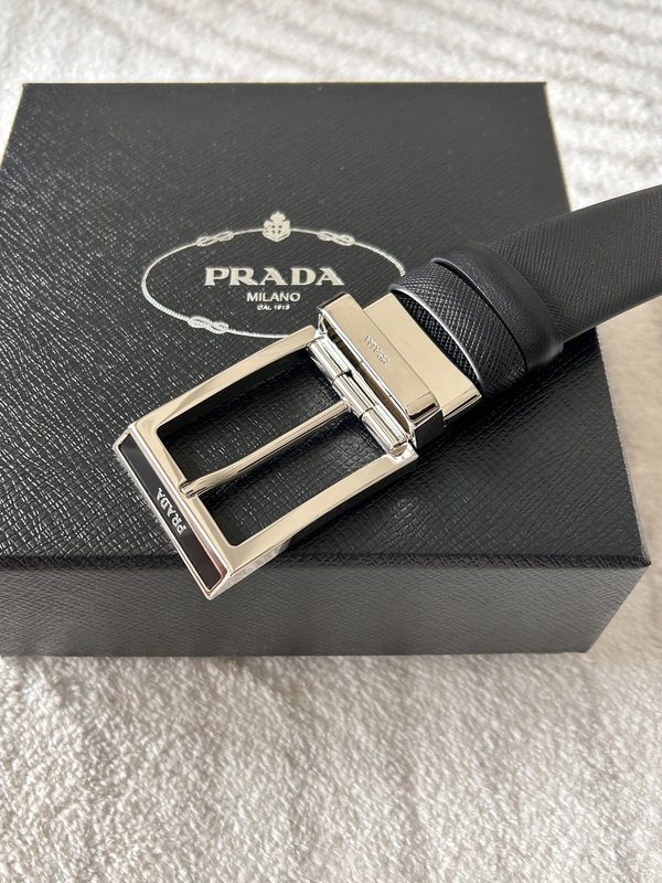 프라다 남성용 양면 블랙 가죽 벨트 3.4cm 폭 001-176774