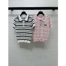 미우미우 칼라 스트라이프 니트 반팔 티셔츠 001-182630