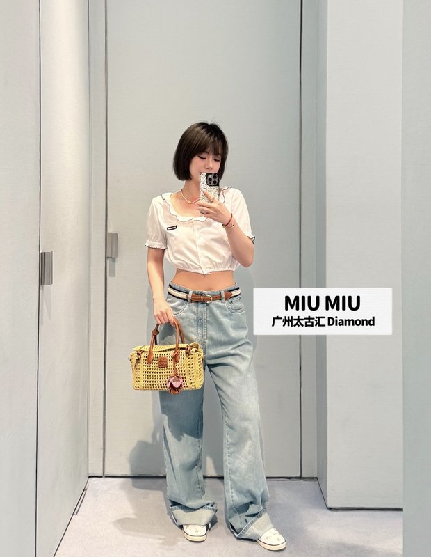 미우미우 스타일 레이스 짧은 흰 셔츠 001-182635