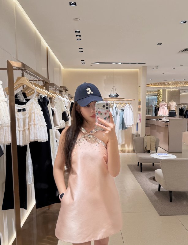 미우미우 핑크 새틴 스팽글 홀터넥 원피스 001-182661