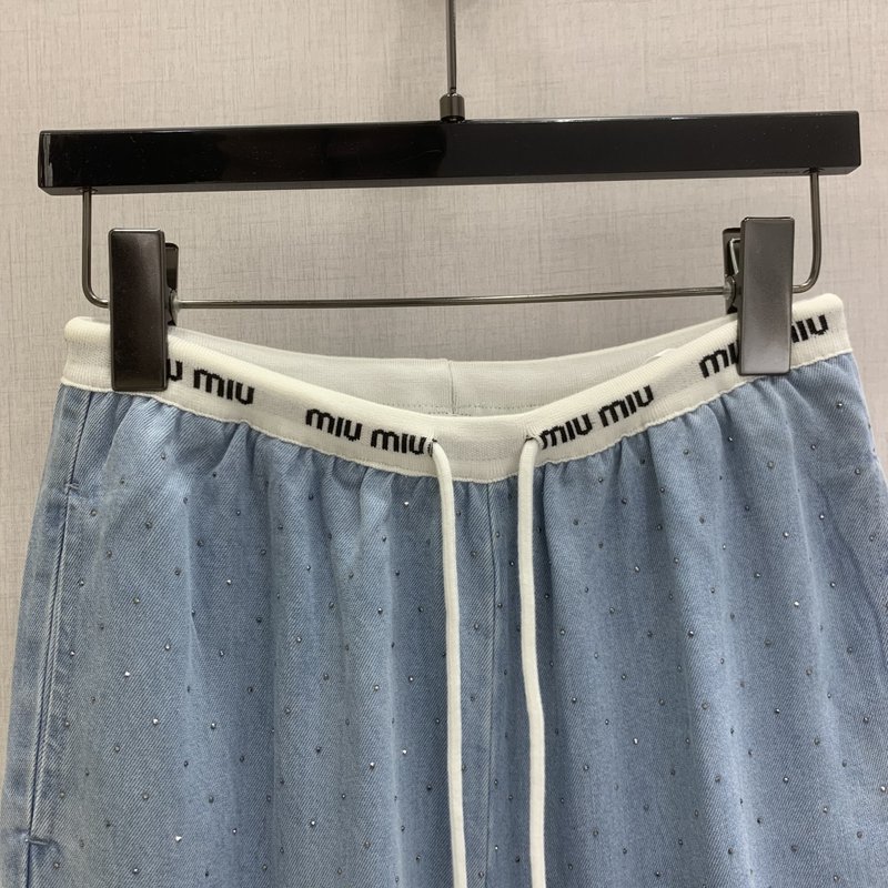 미우미우 다이아몬드 장식 텐셀 데님 팬츠 001-182675