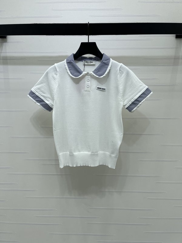 미우미우 봄 콜렉션 칼라 니트 반팔 티셔츠 001-182688