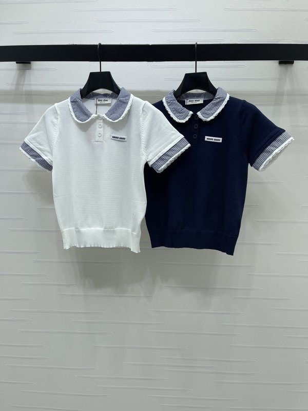 미우미우 봄 콜렉션 칼라 니트 반팔 티셔츠 001-182688