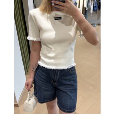 미우미우 레이스 트림 화이트 민소매 티셔츠 001-182695