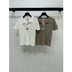 미우미우 오픈 칼라 니트 반팔 티셔츠 001-182755