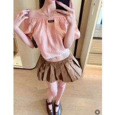 미우미우 여름 브라운 버블 플리츠 미니스커트 001-182795