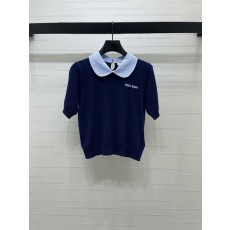 미우미우 인조 칼라 스트라이프 니트 반팔 티셔츠 001-182883