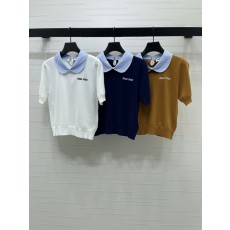 미우미우 인형 칼라 스트라이프 니트 반팔 티셔츠 001-182884