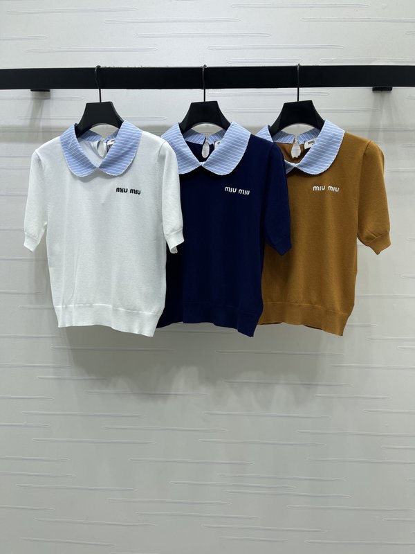 미우미우 인형 칼라 스트라이프 니트 반팔 티셔츠 001-182884