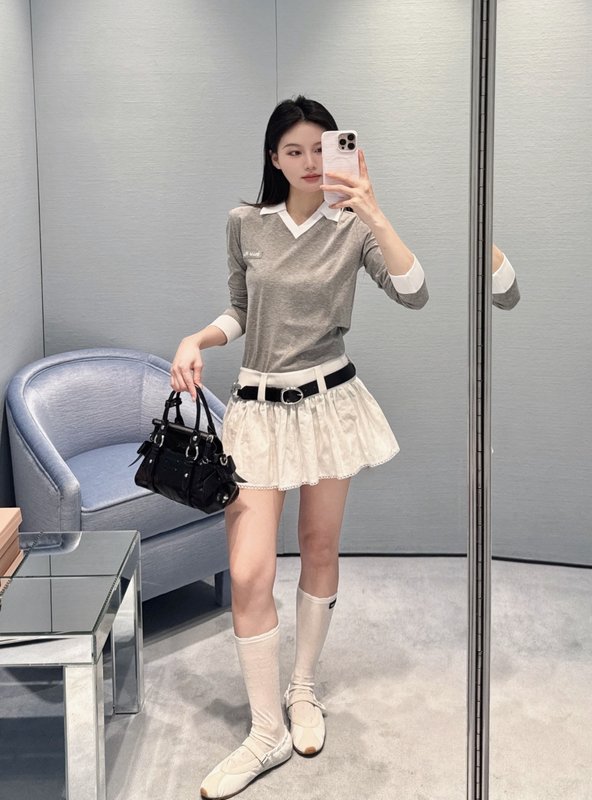 미우미우 레이스 하이웨이스트 린넨 미니 스커트 001-182891