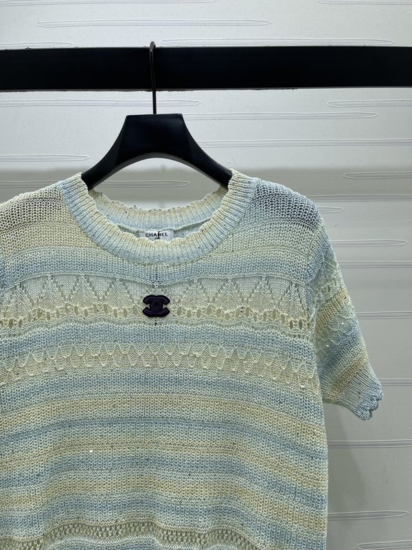 샤넬 스트라이프 컷아웃 스팽글 니트 반팔 001-183025