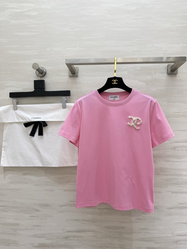 샤넬 진주 장식 반팔 티셔츠 001-183058