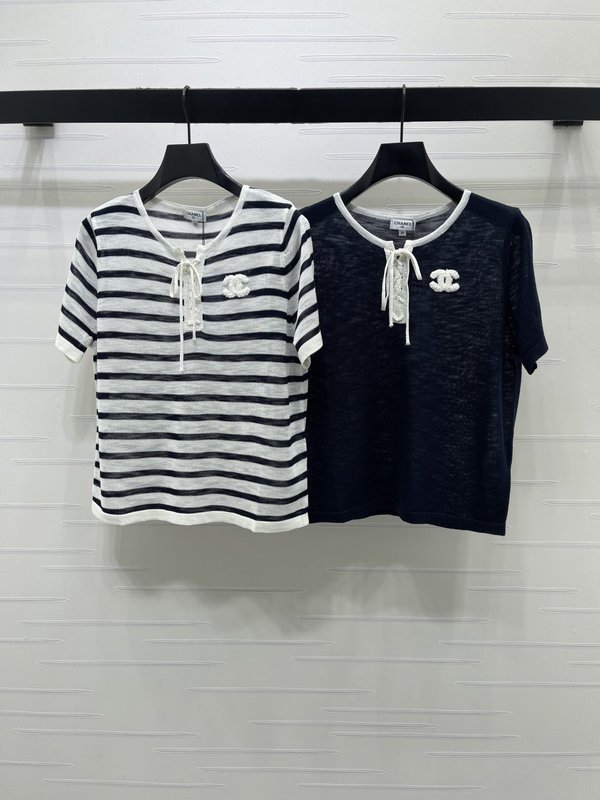 샤넬 스트라이프 반팔 티셔츠 라운드넥 리본 001-183231