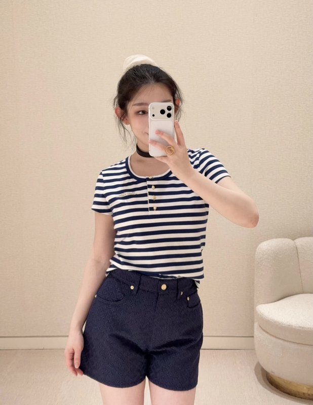 루이비통 블루 화이트 스트라이프 헨리넥 반팔 티셔츠 001-183495
