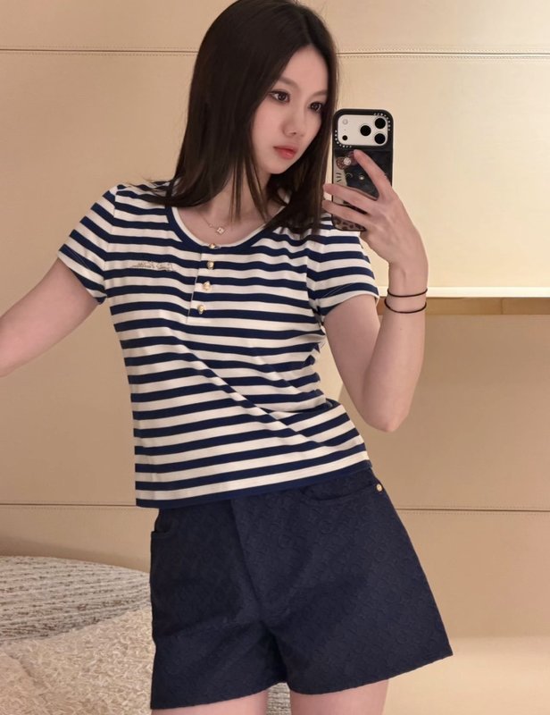 루이비통 블루 화이트 스트라이프 헨리넥 반팔 티셔츠 001-183495