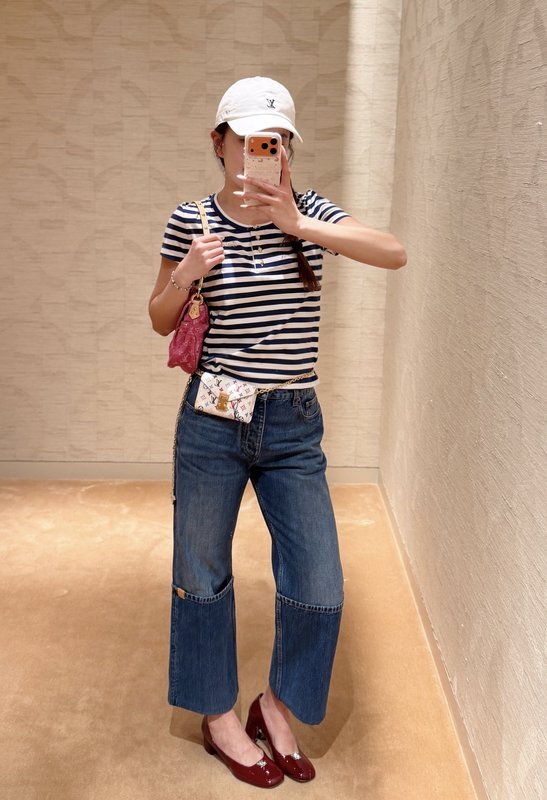 루이비통 블루 화이트 스트라이프 헨리넥 반팔 티셔츠 001-183495