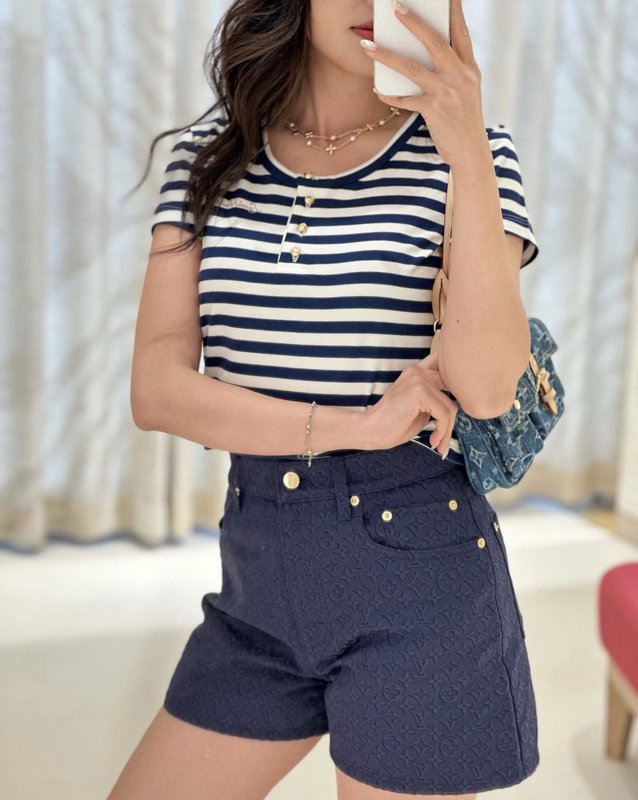 루이비통 블루 화이트 스트라이프 헨리넥 반팔 티셔츠 001-183495