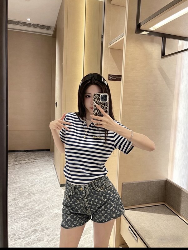 루이비통 블루 화이트 스트라이프 헨리넥 반팔 티셔츠 001-183495