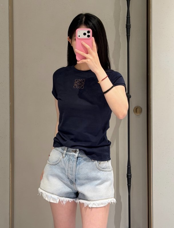 로에베 슬림핏 라운드넥 로고 자수 티셔츠 001-183898