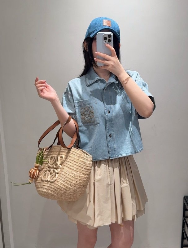 로에베 컬러블록 로고 자수 데님 셔츠 001-183966