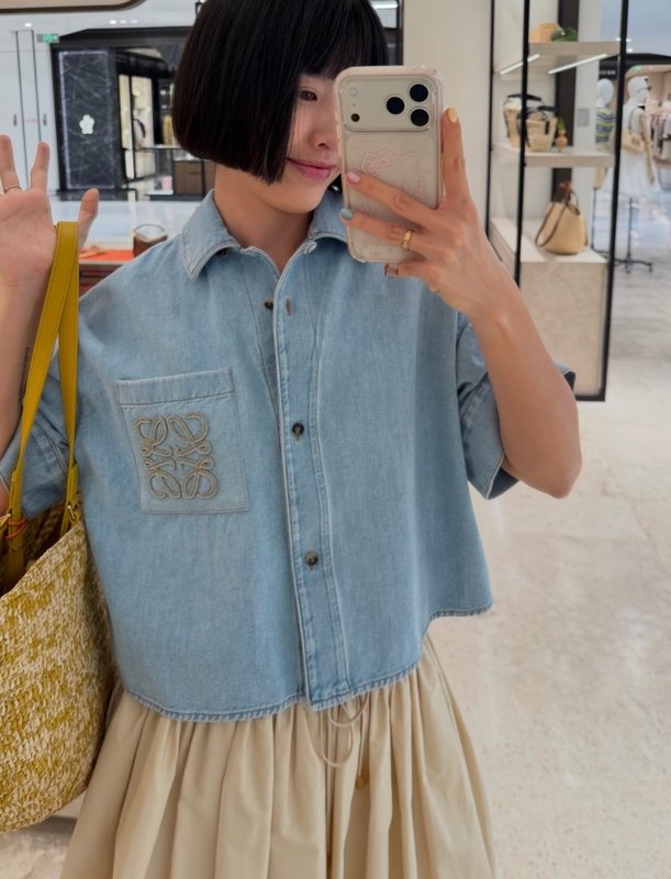 로에베 컬러블록 로고 자수 데님 셔츠 001-183966