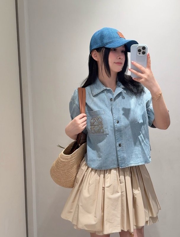 로에베 컬러블록 로고 자수 데님 셔츠 001-183966