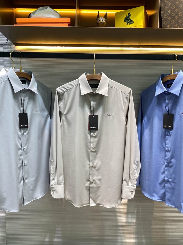 Kiton 남성 면 소재 자수 칼라 긴팔 셔츠 001-189935