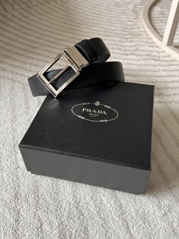 프라다 남성용 양면 블랙 가죽 벨트 3.4cm 폭 001-192791