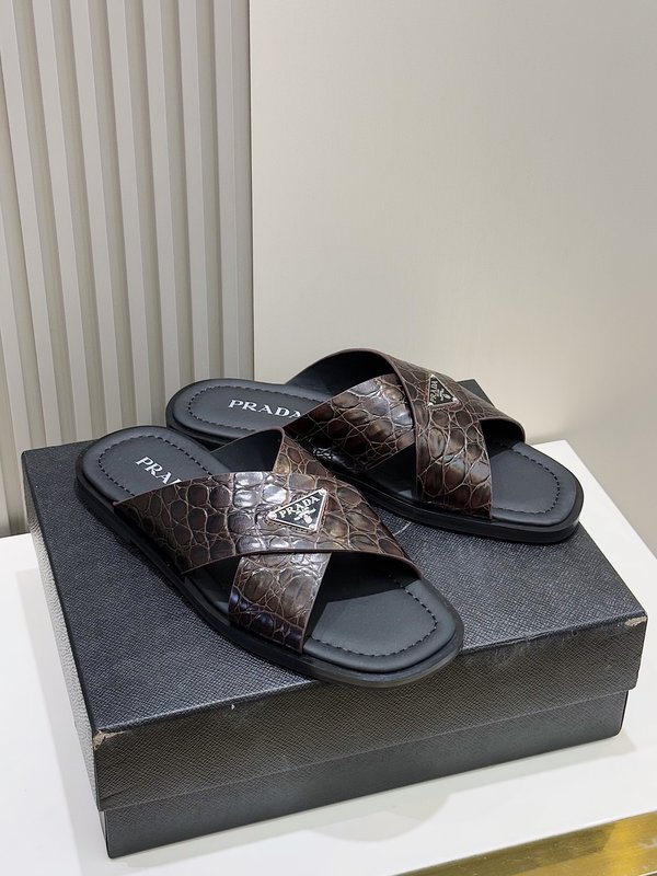 Prada 더블 스트랩 가죽 남성 슬리퍼 001-195781