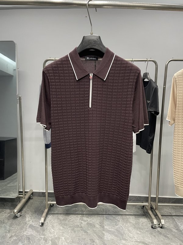Kiton 남성 컬러 블록 스트라이프 니트 반팔 폴로 001-202315