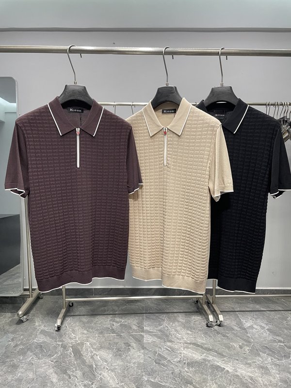 Kiton 남성 컬러 블록 스트라이프 니트 반팔 폴로 001-202315