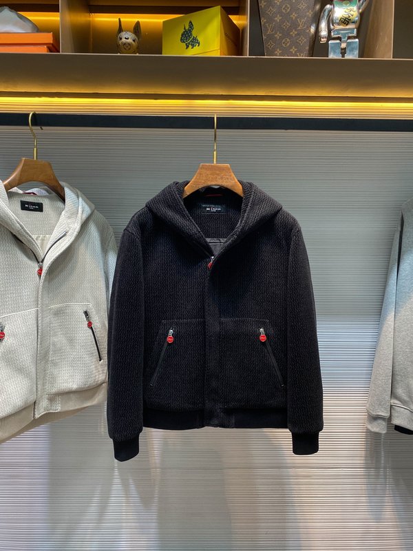 Kiton 가을 겨울 웨이브 텍스처 울 후드 자켓 001-202441