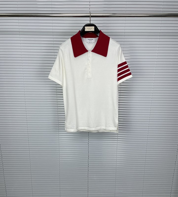 톰브라운 컬러 블록 폴로 넥 4 바인딩 니트 반팔 001-203458