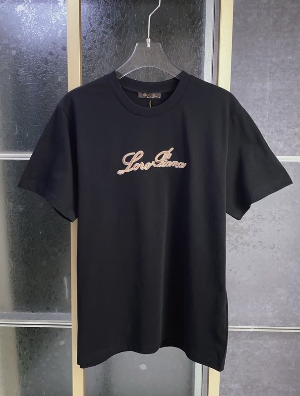 로로피아나 스트라이프 자수 라운드넥 반팔 티셔츠 001-203638