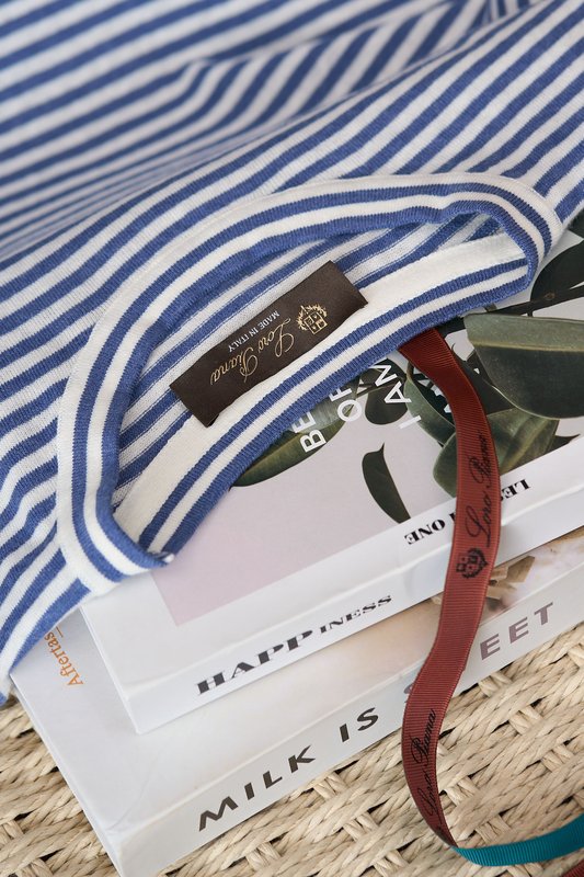 LP 블루 화이트 스트라이프 린넨 반팔 티셔츠 001-203650