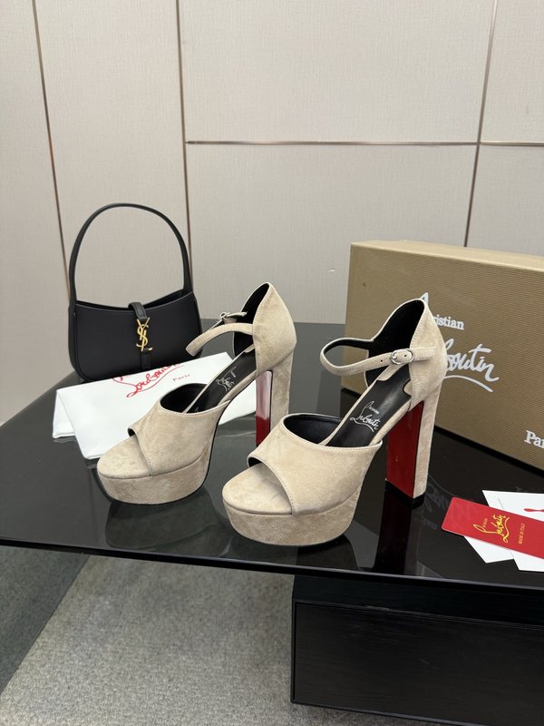 루이비통 스웨이드 레드솔 스트랩 하이힐 001-214659
