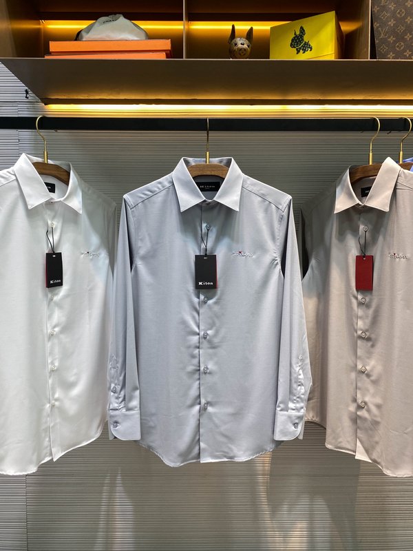 Kiton 남성 면 소재 자수 칼라 긴팔 셔츠 001-216171