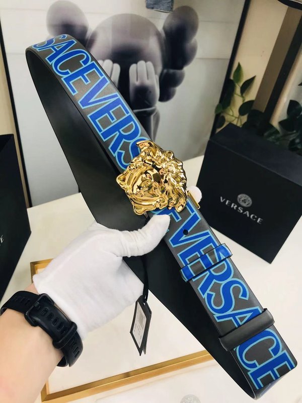 베르사체 블루 양면 가죽 벨트 골드 버클 001-220329