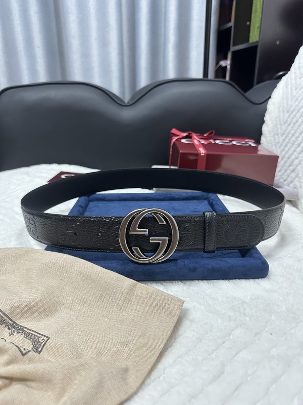 구찌 블랙 리치 그레인 더블 G 버클 벨트 4cm 001-220374