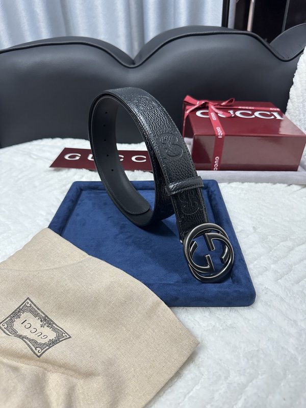 구찌 블랙 리치 그레인 더블 G 버클 벨트 4cm 001-220374