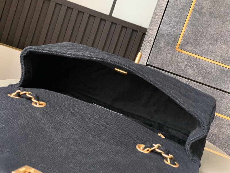 샤넬 빈티지 리넨 웨이빙 블랙 골드 숄더백 001-222969