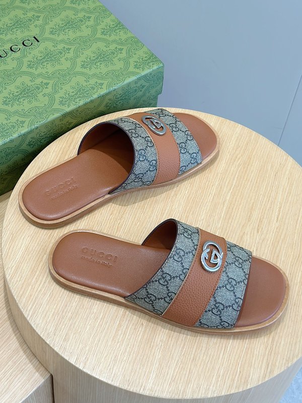 Gucci Lido 남성 더블 G 레더 슬리퍼 001-228019